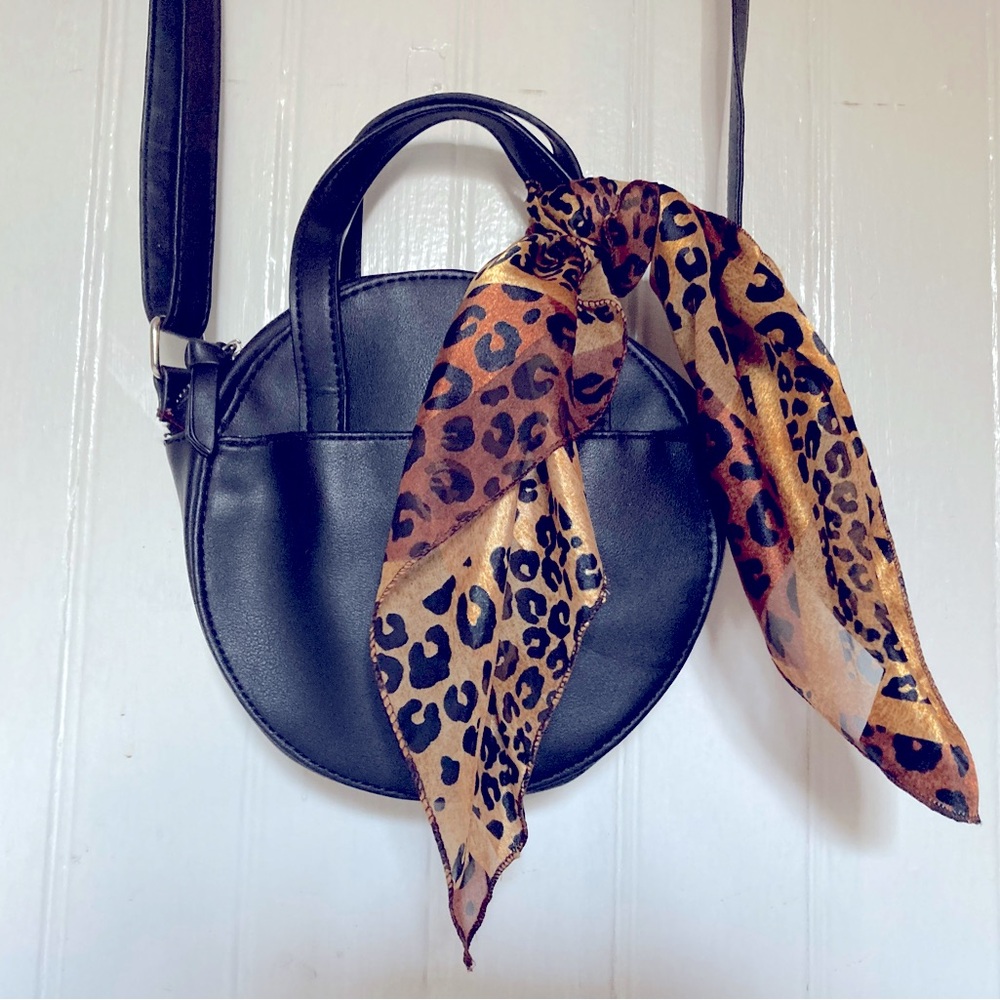 PRICE DROP! Trendy Circle Crossbody Bag, Black Vegan Leather, Adjustable, Scarf